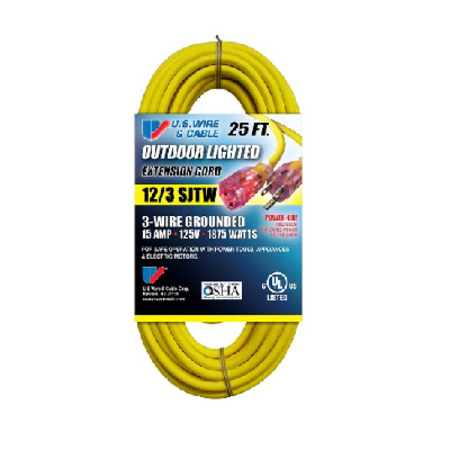 U.S. Wire & Cable 25ft 12/3 SJTW Yellow Ext Cord w/Lighted Ends, NEMA 5-15 74025